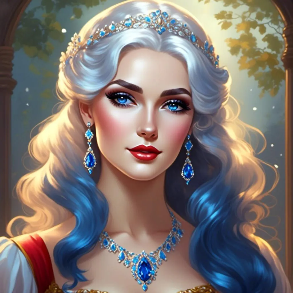 Prompt: A beautiful woman, snow white hair with pastel highlights, frosty blue eyes, blue eyeshadow, blue jewels on forehead<mymodel>