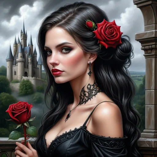 Prompt: a painting of a woman with a castle in the background and a red rose in her hair, wearing a black dress, Anne Stokes, gothic art, highly detailed digital painting, a detailed painting