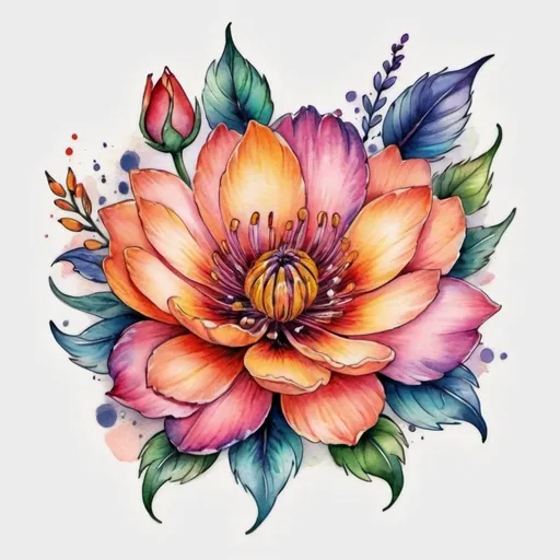 Prompt: Colorful flower tattoo, watercolor style, vibrant petals, intricate details, high quality, vibrant colors, floral design, professional tattoo art, artistic, beautiful, realistic, watercolor, detailed, highres, vibrant, intricate details, floral, professional, colorful, vibrant colors, watercolor style, artistic