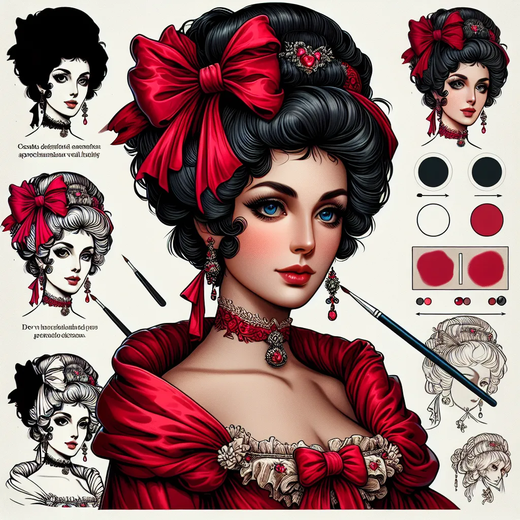 Prompt: a woman with black hair and  a red bow in her hair and  a red dress, Dirk Crabeth, rococo, promotional image, a character portrait