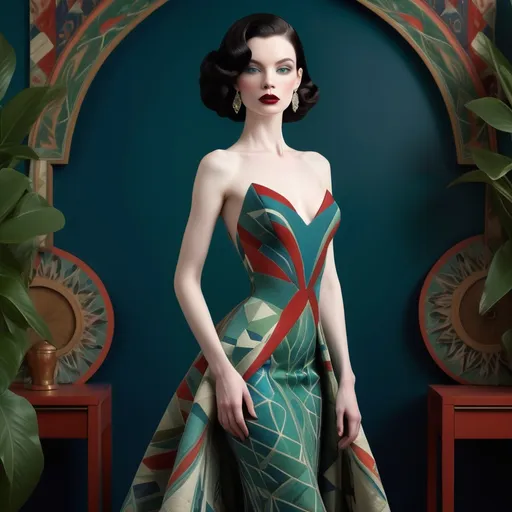 Prompt: Emerging from a tapestry of vibrant colors and intricate patterns, a graceful figure stands at the forefront, exuding an air of elegance and serenity. The central character, a woman with smooth, pale skin and deep red lips, wears a stylishly contemporary gown adorned with shades of green, blue, and striking geometric accents. Her dark hair, styled in soft, vintage rolls, is accentuated by a delicate pink flower, adding to her charm. The background is a mesmerizing blend of swirling shapes and blooming floral motifs, rendered in warm hues and soothing greens that evoke a sense of tranquility and harmony. This artful composition, reminiscent of stained glass, captures a story of beauty and nature, inviting the viewer to ponder the serene connection between the figure and her enchanting surroundings.
