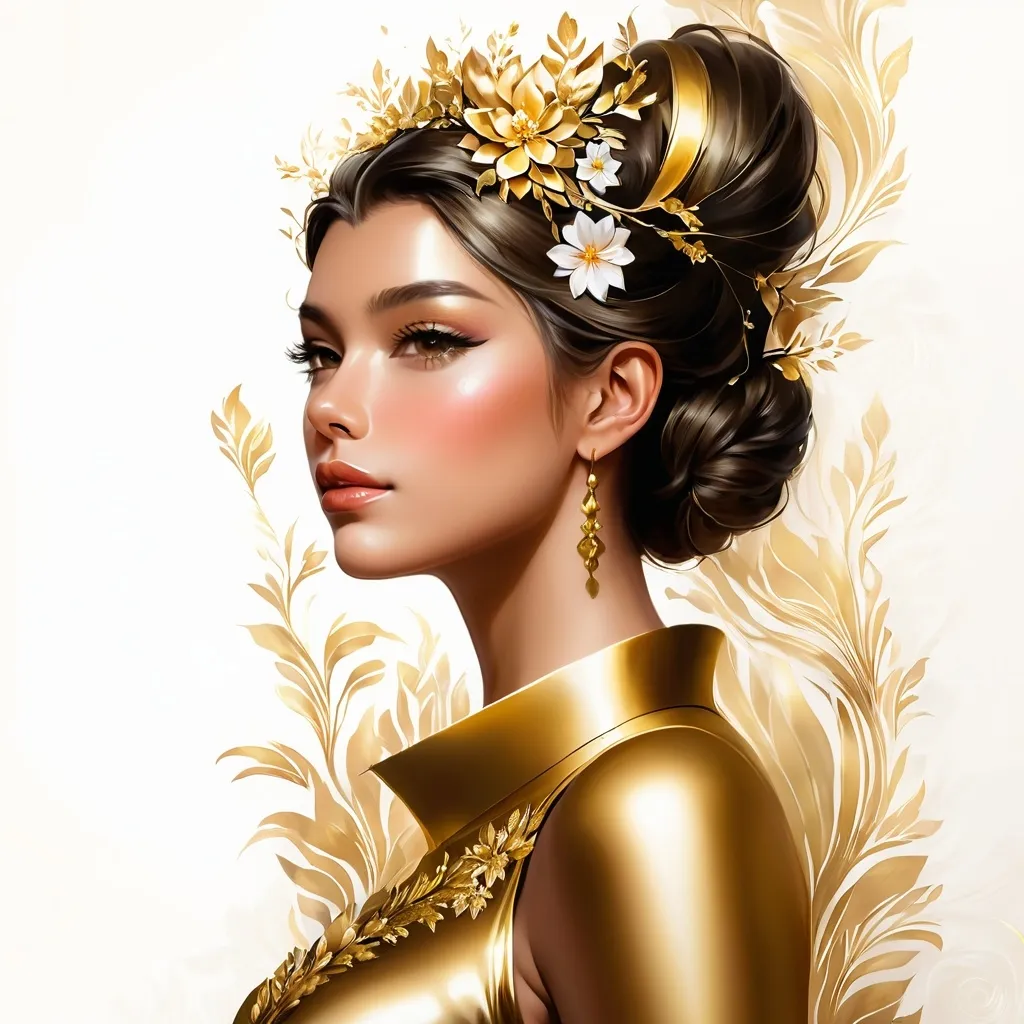 Prompt: a painting of a woman with flowers in her hair and a gold dress on her head and shoulders, with a golden background, Artgerm, fantasy art, highly detailed digital painting, a detailed painting