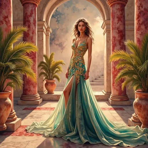 Prompt: A stunning vision of a Versace dress, illuminated by glamorous, high-contrast lighting that emphasizes its opulent gold accents and intricate patterns. The dress flows elegantly, with bold, daring cuts and a form-fitting silhouette that exudes confidence and luxury. Set against a sleek, minimalist backdrop with subtle marble textures, soft spotlighting creates a sense of drama and allure, highlighting the shimmering fabric and ornate detailing. The overall mood is decadent and sophisticated, evoking high fashion runway elegance in a cinematic, photorealistic style.