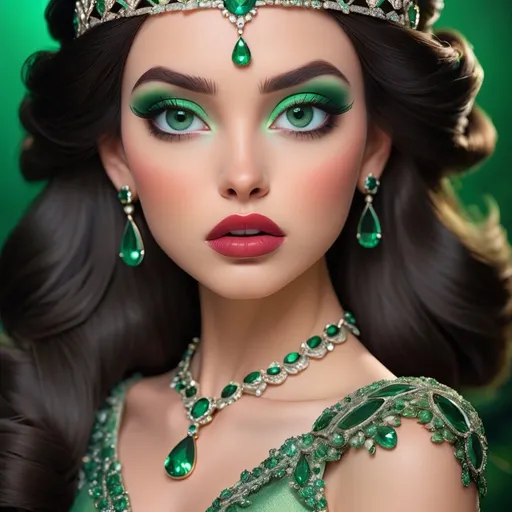 Prompt: <mymodel>an emerald lady, feminine elegant princess ,  dark hair, large green eyes, wearing jewels in her hair,  beautiful makeup, green eyeshadow eyeshow natural color lipsticklipstick, facial closeup