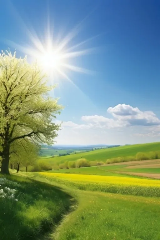 Prompt: Create an image with spring countryside with a lot of sunshine and blue sky