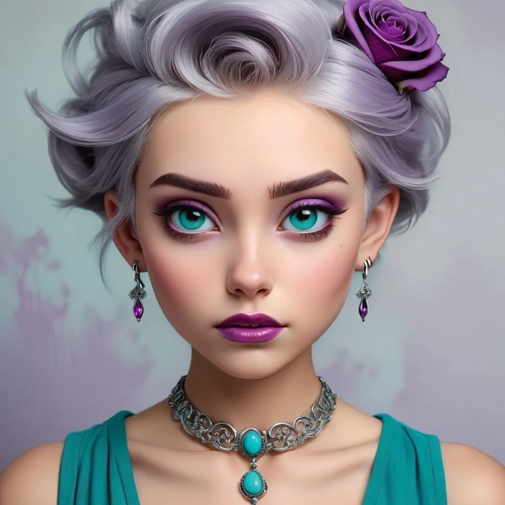 Prompt:  girl with silver hair, dusky purple rose , turquoise jewelry