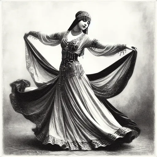 Prompt: a woman in a dress is dancing with a long flowing fabric around her neck and arms, in a black and white photo, Daphne McClure, arabesque, cinematic photography, an ultrafine detailed painting <mymodel>