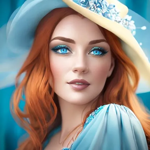 Prompt: Beautiful woman with blue eyes & Auburn hair, blue jewelry, intricate oval face, elegant & elaborate blue formal dress with velvet and lace detailing, blue milliner's hat, fair skin, upturned nose, full bosomy figure, blue high heels, sitting for a portrait, 8k, realistic, elegant, detailed, formal attire, intricate jewelry, portrait sitting, blue color scheme, fair complexion, exquisite hair, high-quality lighting