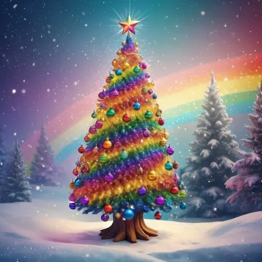 Prompt: Rainbow Christmas tree, vibrant and colorful, festive ornaments, sparkling lights, high quality, digital art, rainbow colors, holiday theme, joyful atmosphere, warm lighting