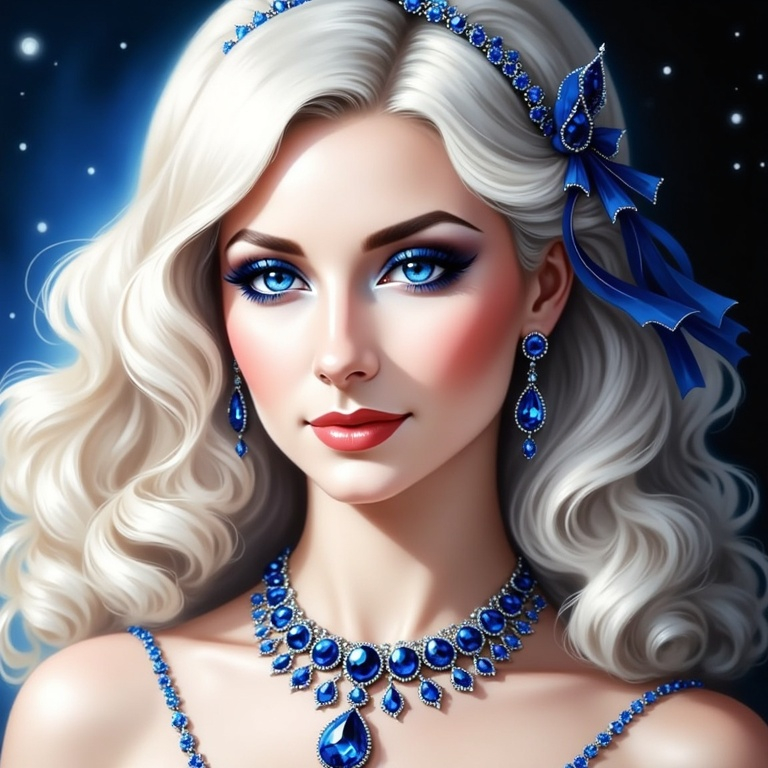 Prompt: a woman with a tiara and snow flakes on her head and a blue dress with a tiara, Charlie Bowater, fantasy art, highly detailed digital painting, a photorealistic painting