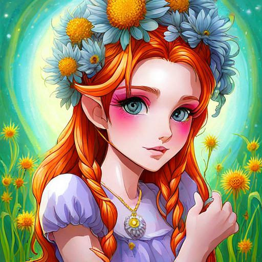 Prompt: a fairy of spring, ,wildflowers, vivid colors,  facial closeup