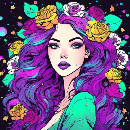 Prompt: Cosmic Epic Beauty, Beautiful and Gorgeous, purple roses in hair