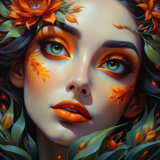 Prompt: Beautiful  hybrid woman with flowers sprouting from her, oil painting, detailed fiery eyes, ethereal glow, dark and mysterious, high quality, vibrant colors, surreal, haunting, intricate floral details, intense gaze, mystical atmosphere, oil painting, demon, hybrid, fiery eyes, ethereal, vibrant colors, surreal, haunting, floral details, intense gaze, mystical atmosphere