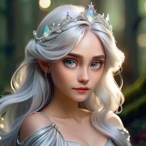 Prompt: Beautiful girl with silver hair, ethereal fantasy portrait, flowing silver locks with a mystical glow, sparkling crystal tiara, magical forest background, enchanting gaze, high quality, fantasy, ethereal, mystical, silver hair, crystal tiara, magical forest, enchanting gaze, detailed portrait, atmospheric lighting