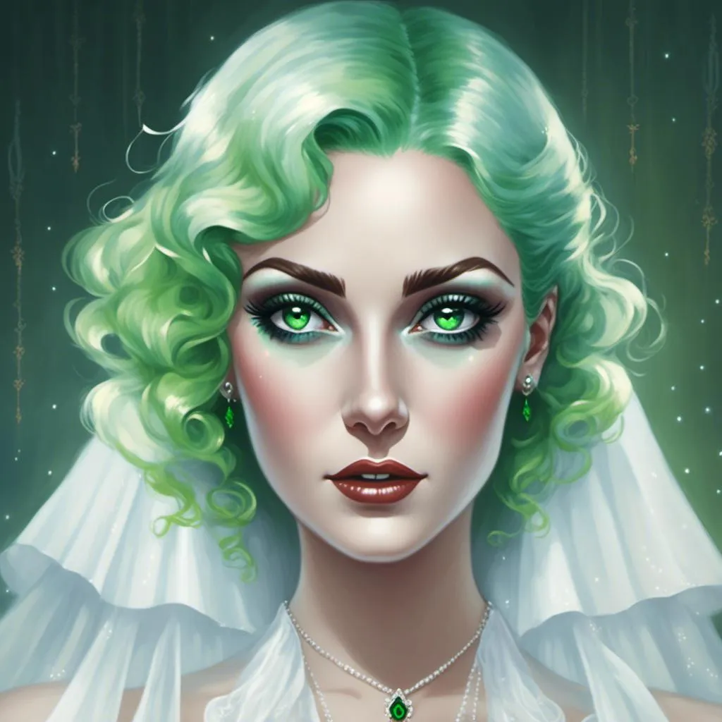 Prompt: <mymodel>A ghostly white woman with green hair and eyes