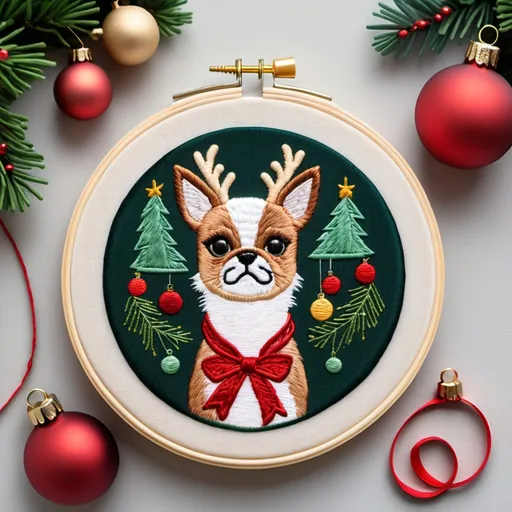 Prompt: Embroidery hoop hand embroidery thread designs of an adorable dog or cat wearing reindeer antlers, surrounded by festive ornaments and a tiny Christmas tree.



