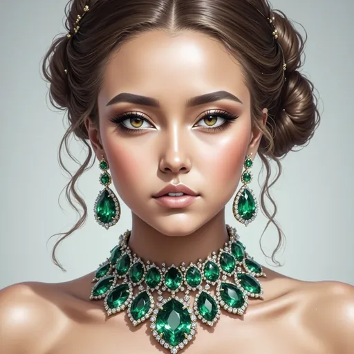 Prompt: A beautiful woman acorned in emeralds and rubies