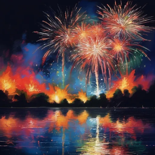 Prompt: Explosive fireworks display in the night sky, vibrant colors, bursting patterns, reflected in water, high-res, detailed, impressionist style, vivid hues, 