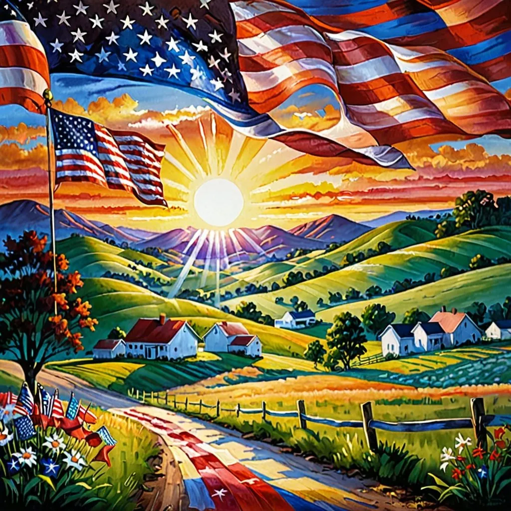 Prompt: Beautiful colorful USA patriotic painting. Beautiful sunrise in a rural area, with American flags, and rolling hills.