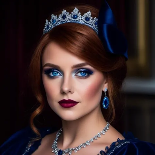 Prompt: <mymodel>Beautiful woman with blue eyes & Auburn hair, blue jewelry, intricate oval face, elegant & elaborate blue formal dress with velvet and lace detailing, blue milliner's hat, fair skin, upturned nose, full bosomy figure, blue high heels, sitting for a portrait, 8k, realistic, elegant, detailed, formal attire, intricate jewelry, portrait sitting, blue color scheme, fair complexion, exquisite hair, high-quality lighting