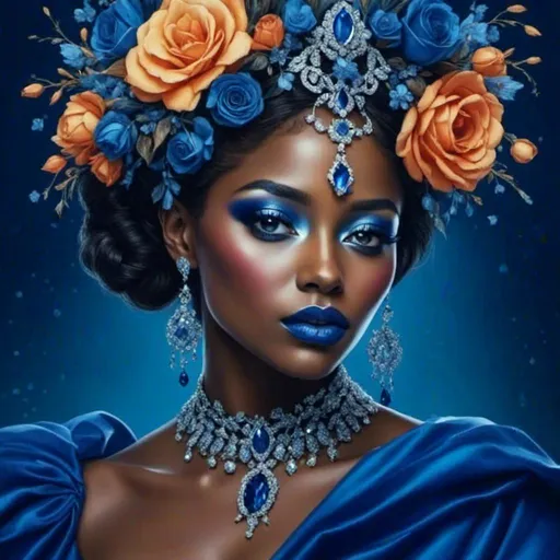 Prompt: <mymodel> a woman with makeup and  sapphire jewelry , with a blue background , Chinwe Chukwuogo-Roy, fantasy art, highly detailed digital painting, a photorealistic painting