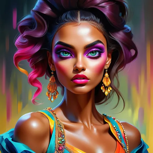 Prompt: digital painting, dramatic colourful makeup, high fashion, intense gaze, realistic portrayal, vibrant colors, detailed features, highres, professional, dramatic, realistic, digital painting, intense gaze, vibrant colors, detailed features, high fashion, glamorous lighting