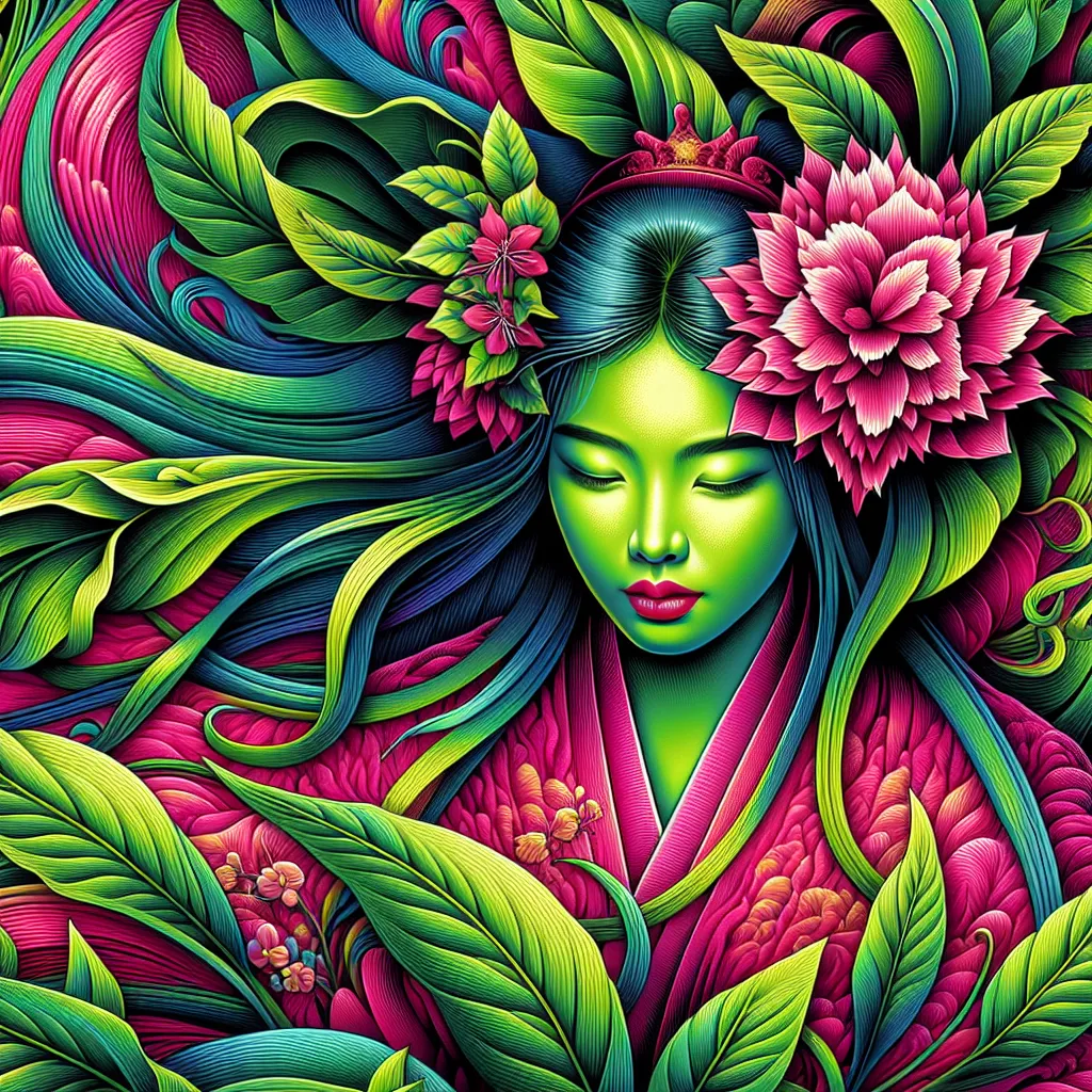 Prompt: a painting of a woman with a flower in her hair and a pink dress with green leaves around her, Anne Stokes, psychedelic art, highly detailed digital painting, an art deco painting