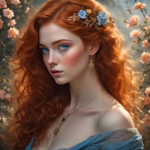 Prompt: <mymodel>A beautiful  and elegant woman with ginger hair and blue eyes