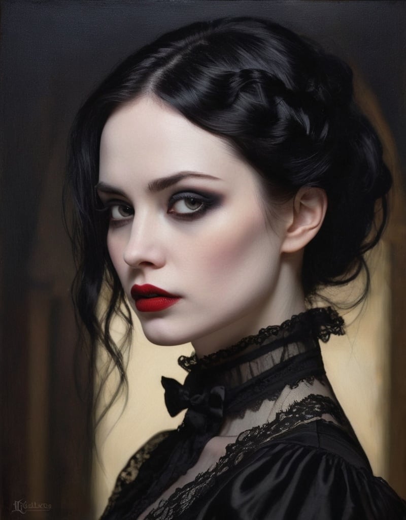 Prompt: Profile portrait of a gothic woman, oil painting, flowing black hair, pale skin, intense gaze, red lipstick, dark eyeshadow, elegant Victorian attire, high quality, realistic, gothic, moody lighting, dark tones, detailed lace, atmospheric, haunting beauty, professional