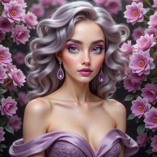 Prompt: In a lush garden of blooming roses and vibrant purple flowers, a stunning figure stands out, captivating the viewer with her ethereal beauty. She features voluminous, softly curled hair that cascades around her shoulders, displaying a delicate lavender hue that harmonizes beautifully with her dramatic makeup, including bold purple eyeshadow and deep plum lipstick. Adorned with exquisite drop earrings that echo the floral motif, her off-the-shoulder gown, rich in textures and shades of purple, complements the vivid backdrop of blossoms. The overall composition emanates a sense of elegance and enchantment, creating a dreamy atmosphere that invites admiration and wonder.