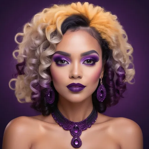 Prompt: With a striking and glamorous presence, a woman exudes confidence in front of a solid purple backdrop that enhances her captivating look. Her luxurious black and purple curls frame her face beautifully, complementing the bold, dramatic eye makeup featuring shades of deep purple that extend to her lashes, and a rich plum lipstick that accentuates her full lips. She wears a sleek halter neck top in a vibrant shade of purple, detailed with a contrasting white collar that adds a touch of sophistication. The scene is impeccably styled with a focus on high fashion and elegance, creating a mood that is both striking and artistic, channeling a sense of fierce confidence and allure.