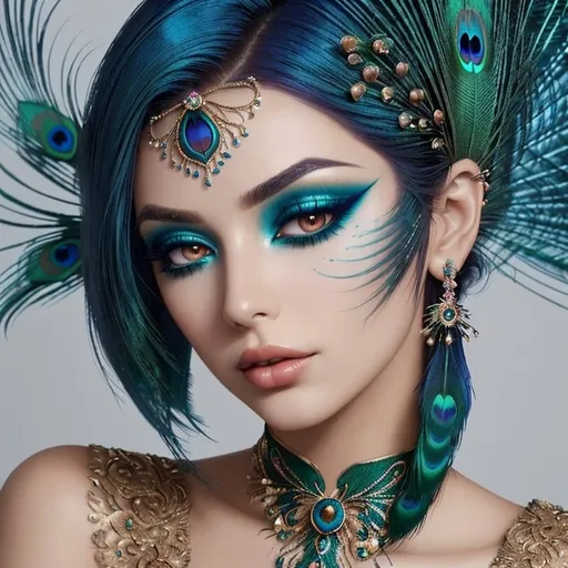 Prompt: Gorgeous woman with beautiful makeup and hair, peacock feathers in her hair, high-quality, detailed, realistic, elegant, vibrant colors, professional makeup, glamorous lighting, 4k resolution, portrait, detailed facial features, luxurious, exotic, peacock feathers, elegant hairstyle, stunning makeup, beauty shot