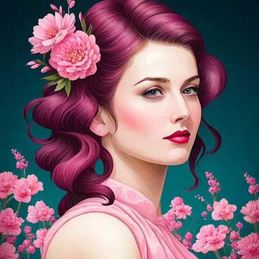 Prompt: a beautiful woman , lots of pretty pink flowers