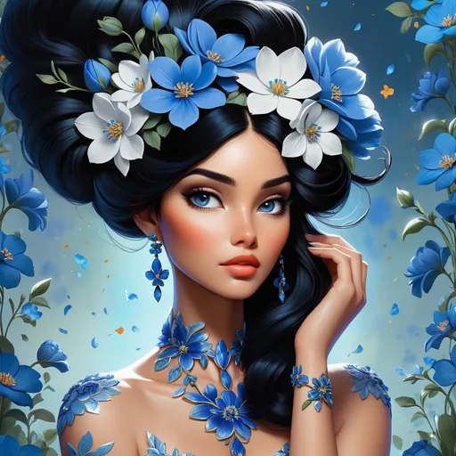 Prompt: Detailed digital illustration of a woman with black hair adorned with vibrant blue flowers, high quality, digital painting, elegant, realistic, detailed hair, stunning floral hair ornament, serene expression, natural lighting, cool tones, professional, atmospheric lighting