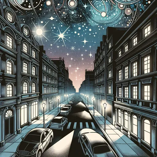 Prompt: a street with cars parked on both sides of it and a sky full of stars above it and buildings, Asaf Hanuka, space art, night sky, a comic book panel