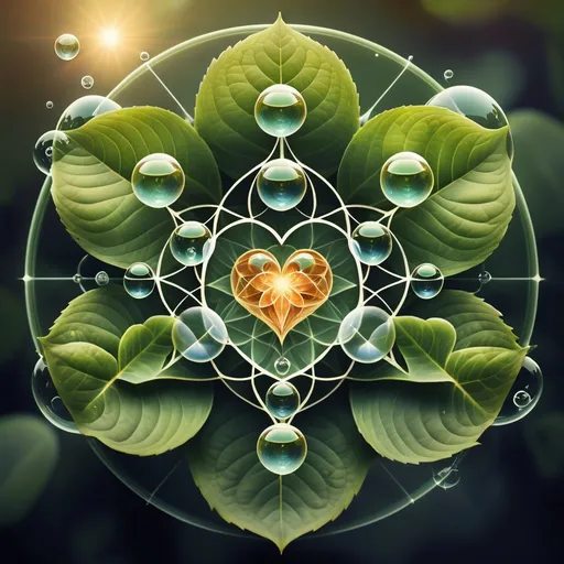 Prompt: a nature image with sacred geometry with a heart shape at the center and 7 bubbles around the heart