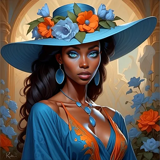 Prompt: <mymodel> a woman wearing a blue hat with flowers on it's head and a blue dress, Art of Brom, fantasy art, fantasy character portrait, a painting