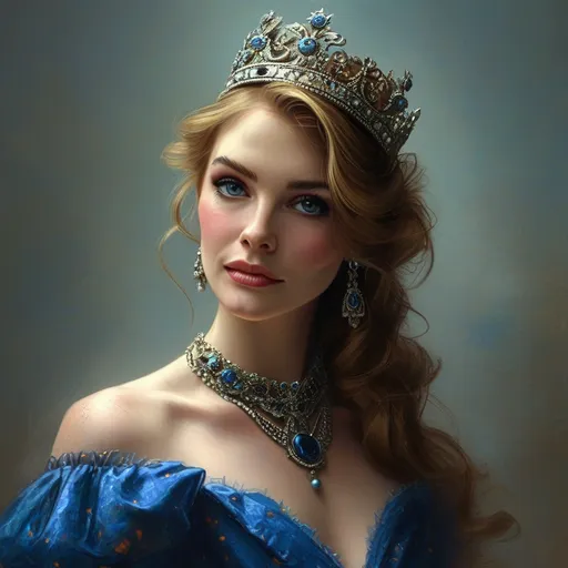 Prompt:  a woman wearing a tiara and a blue dress, Charlie Bowater, gothic art, highly detailed digital painting, a detailed painting