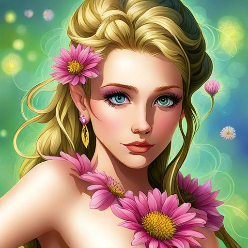 Prompt: a fairy of spring, ,wildflowers, vivid colors,  facial closeup