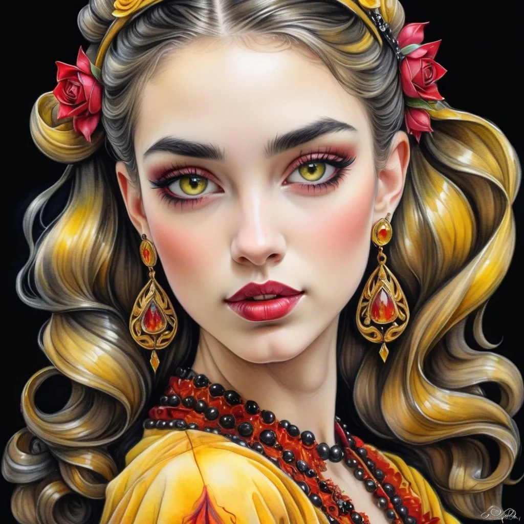 Prompt: <mymodel> beautiful woman, hair pinned up, yellow red black dress, earrings, Watercolor, trending on artstation, sharp focus, studio photo, intricate details, highly detailed, by  Josephine Wall and Jasmine Becket-Griffith