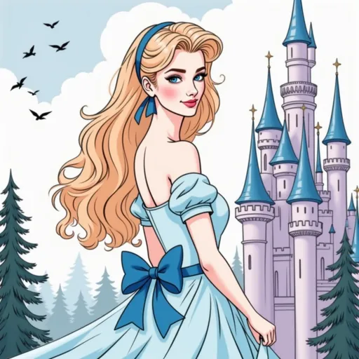 Prompt: This image is a digital drawing in a classic Disney-style animation. The central subject is a young woman with long, wavy, peach-colored hair adorned with a blue headband. She has fair skin, blue eyes, and a gentle smile. She is dressed in an off-the-shoulder, light blue dress with puffed short sleeves and a large blue bow at the back. The dress has a flowing, slightly translucent skirt that adds a sense of movement and grace. 

She is turned slightly to the side, looking over her shoulder with a warm, inviting expression. In the background, there is a tall, majestic castle with multiple turrets and conical roofs, all in shades of light purple and blue. The castle is set against a sky filled with fluffy, white clouds and a few birds in flight. Tall, dark green pine trees flank the castle, adding depth and contrast to the scene. The overall color palette is soft and pastel, evoking a sense of whimsy and fantasy. The textures in the drawing are smooth, with gentle shading that adds a sense of depth and dimension to the characters and background elements.