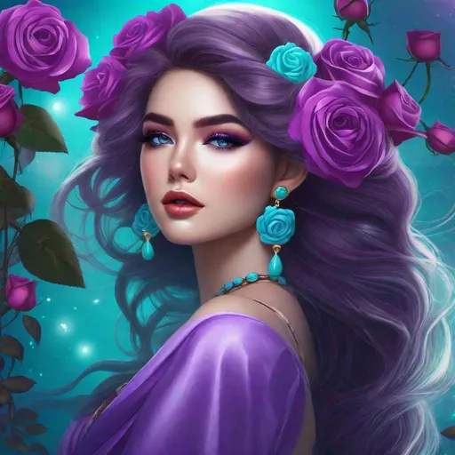 Prompt: <mymodel>Cosmic Epic Beauty, Beautiful and Gorgeous, purple roses in hair and wearing turquoise jewelry