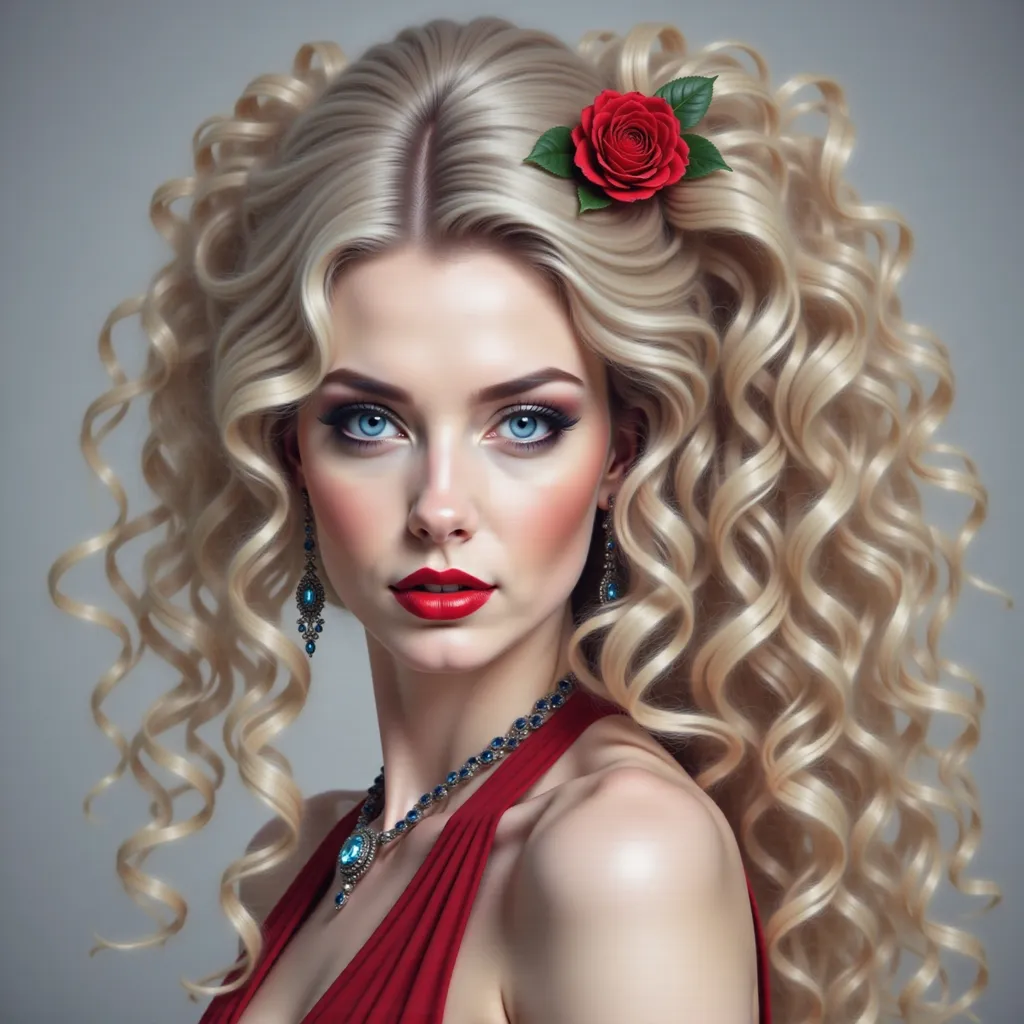 Prompt: a painting of a woman with long blonde hair wearing a red dress and a necklace with a diamond on it, Artgerm, figurative art, highly detailed digital painting, a photorealistic painting