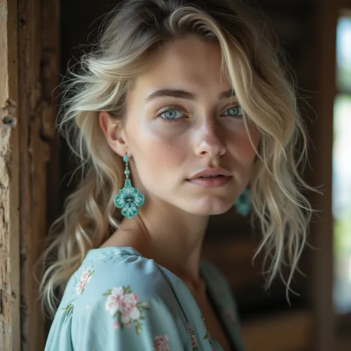 Prompt: A young woman with striking, bright blue eyes gazes directly at the viewer, her expression calm yet captivating. Soft, tousled blonde hair frames her face, and she wears large, ornate turquoise earrings that accentuate her features. Dressed in a light blue floral outfit, she stands in a rustic setting with a warm, inviting background, suggesting a cozy indoor space bathed in natural light. The delicate interplay of shadows and highlights enhances her youthful complexion, creating a serene and enchanting atmosphere that draws the viewer in. The overall composition evokes a sense of intimate beauty and tranquil charm, inviting a deeper connection with the subject.