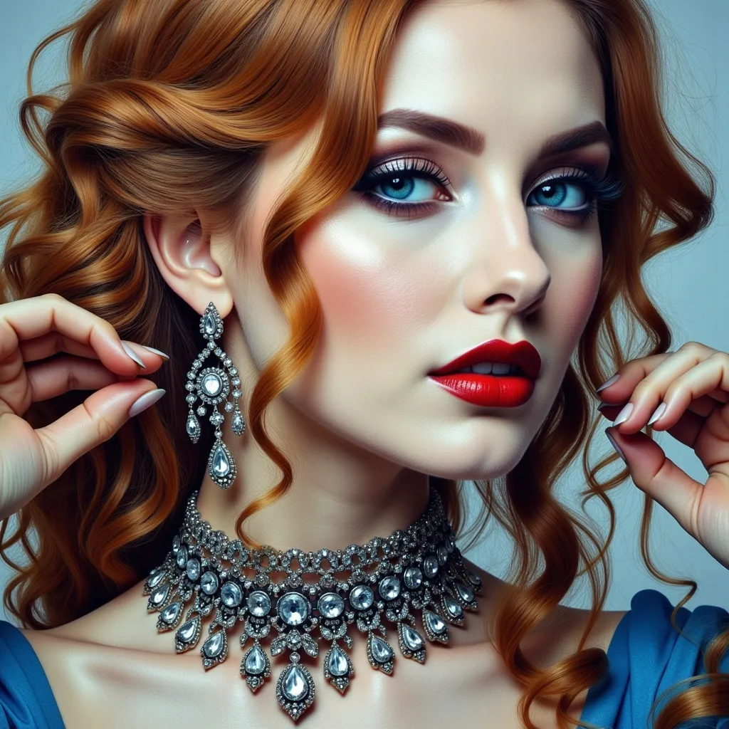 Prompt: a painting of a woman with  red hair, a necklace and earrings and a red lip and a blue dress, Arie Smit, photorealism, extremely detailed oil painting, a photorealistic painting