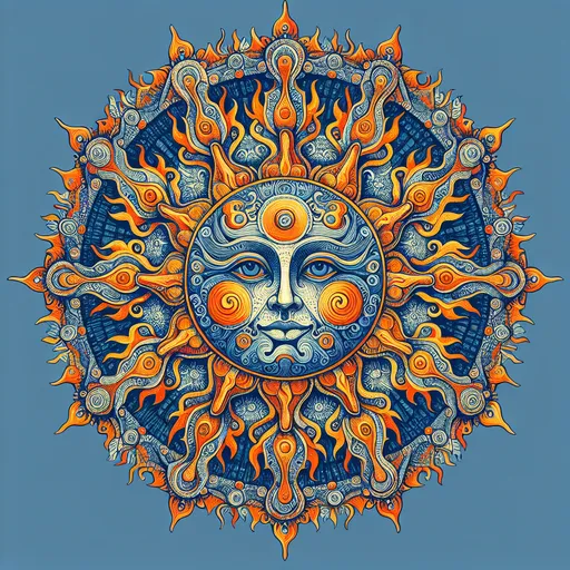 Prompt: a mandala with the sun with a face in the center of it, surrounded by blue and orange , Amanda Sage, psychedelic art, sun, a detailed painting