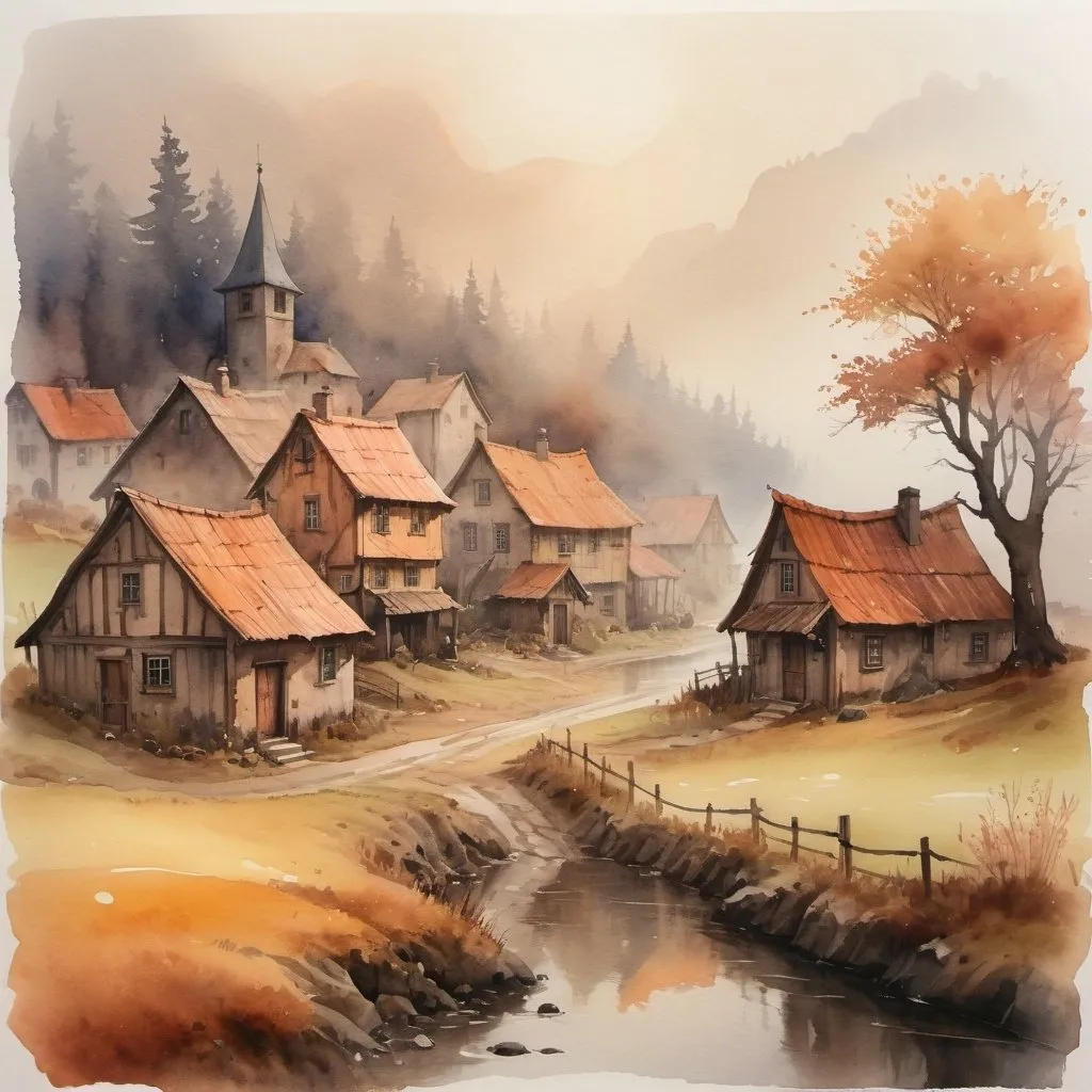 Prompt: watercolor, small village, foggy, rustic, dramatic fantasy settlement scene, warm tones