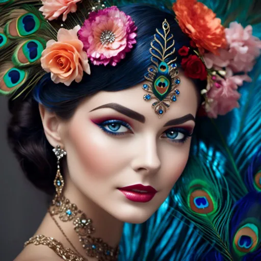 Prompt: <mymodel>peacock feather and flower adorned woman