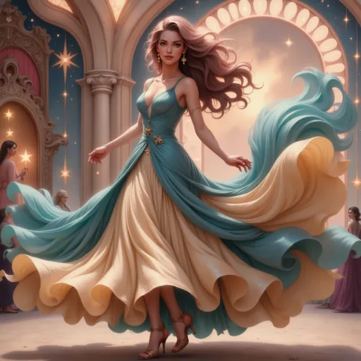 Prompt: a woman in a dress is dancing in a ballroom, disney, arabesque, rossdraws global illumination, a photorealistic painting