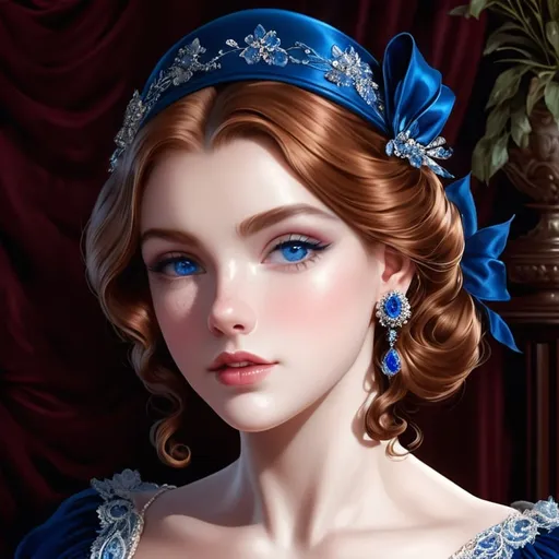 Prompt: Beautiful woman with blue eyes & Auburn hair, blue jewelry, intricate oval face, elegant & elaborate blue formal dress with velvet and lace detailing, blue milliner's hat, fair skin, upturned nose, full bosomy figure, blue high heels, sitting for a portrait, 8k, realistic, elegant, detailed, formal attire, intricate jewelry, portrait sitting, blue color scheme, fair complexion, exquisite hair, high-quality lighting